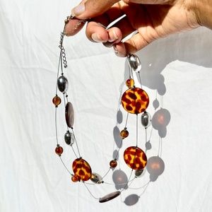 Chrome and Animal Print Spotted Triple Layered Beaded Necklace